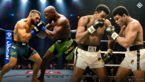 Aspinall vs. Gane at UFC 321 mirrored with Ali-Frazier, blending MMA and boxing legacies in a split-scene artwork."