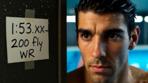 Michael Phelps staring at handwritten “1:53.XX – 200 fly WR” note in locker – vivid goal setting secrets from Olympic legends.