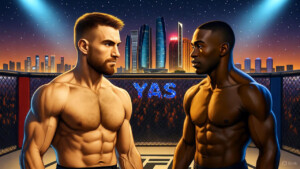 Aspinall vs. Gane mid-fight at UFC 321, showcasing power vs. precision in a thrilling heavyweight clash."