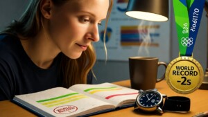 Katie Ledecky reviewing color-coded training log with Rio gold medal.