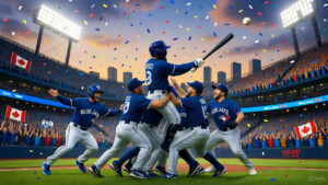 Jays players celebrate their epic 2025 World Series Game 1 win at Rogers Centre, with a journeyman outfielder swinging a walk-off double under vibrant lights.