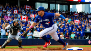 Jays rookie dashes to third base in a thrilling steal during the 2025 World Series Game 1 at Rogers Centre, with dust flying and crowd roaring.