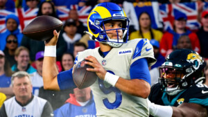 NFL London game action shot of Rams vs. Jaguars quarterback play at Wembley