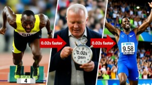 Usain Bolt split-screen: start blocks, 0.02s gain stopwatch, 9.58 WR celebration – micro-goal setting secrets from Olympic legends