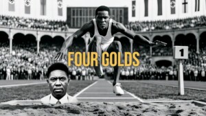 Jesse Owens mid-long jump in 1936 Berlin with father’s proud face inset – unshakable why goal setting secrets from Olympic legends