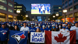 Blue Jays fans celebrate wildly in Toronto’s Yonge-Dundas Square after the 2025 World Series Game 1 victory, waving flags and banners.